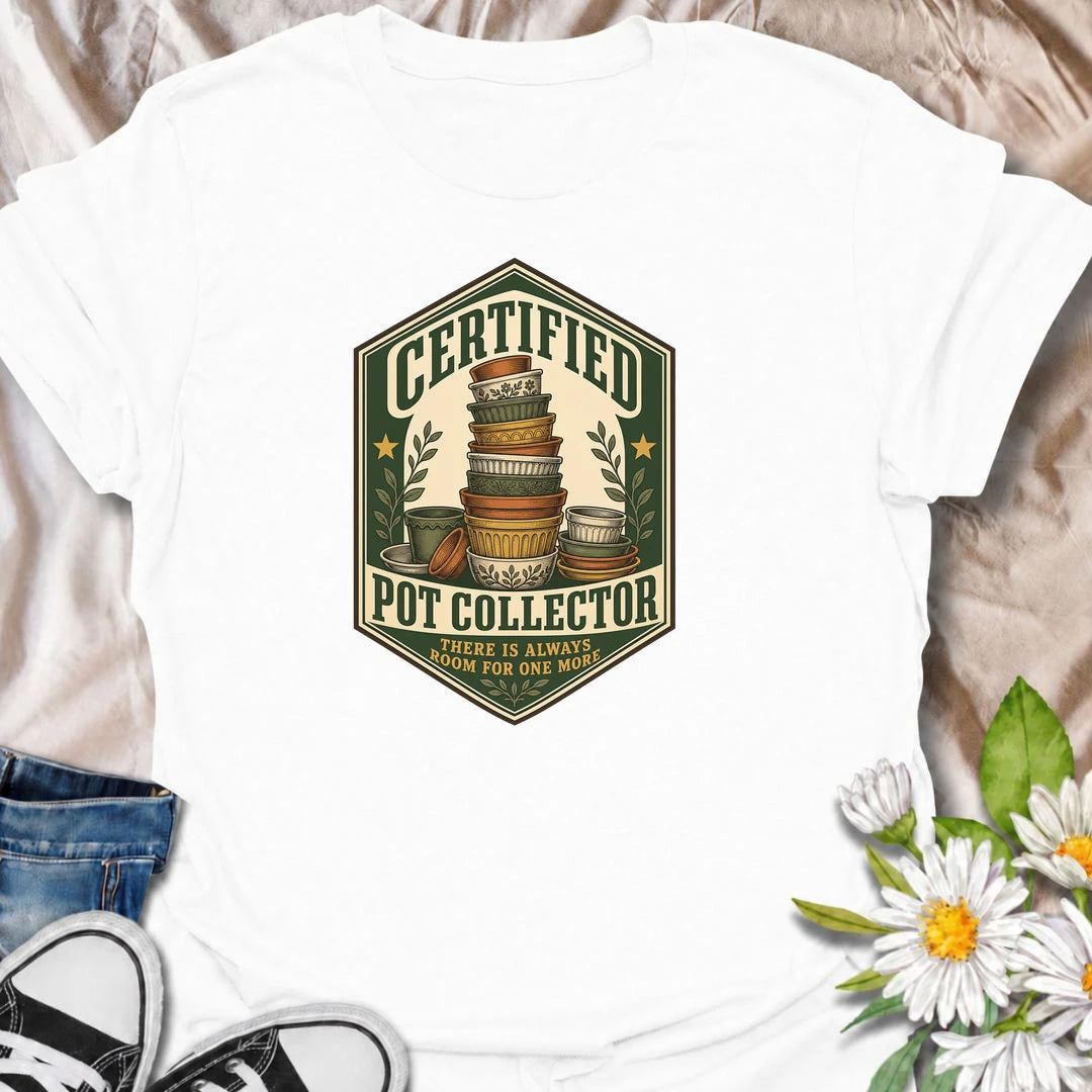 A vintage-inspired pot collector T-shirt for gardeners who always have room for one more planter. A fun gift for plant lovers and pottery collectors.