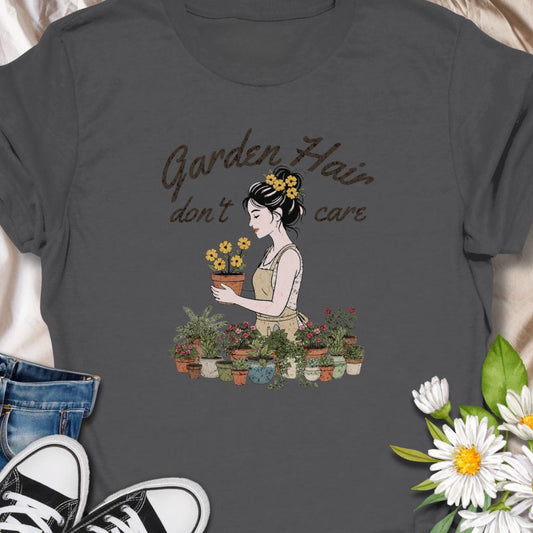 Embrace your wild gardening spirit with this fun "Garden Hair Don’t Care" t-shirt—perfect for plant lovers who dig into nature without worrying about the mess. A great gift for gardeners, plant parents, or anyone who wears their love for blooms proudly.