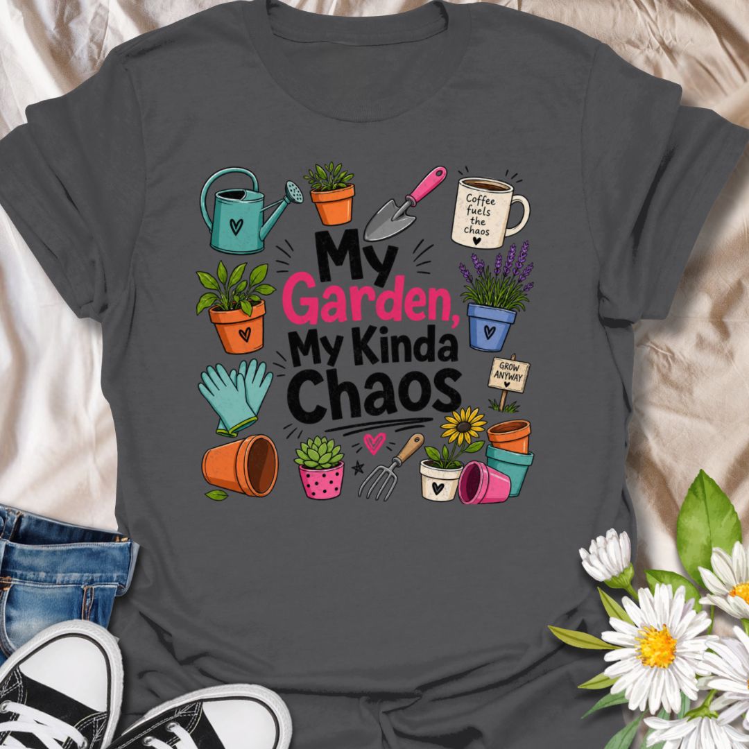 This My Garden My Kinda Chaos t-shirt is made for gardeners who know the best growing spaces are a little messy, colorful, and full of personality. Featuring bold playful typography surrounded by plant pots, a watering can, gloves, garden tools, lavender, coffee, succulents, and cheerful botanical doodles, this design has a fun garden-humor feel for everyday wear. Perfect for gardeners, plant lovers, backyard growers, flower fans, plant moms, and anyone whose happy place is a beautifully chaotic garden.