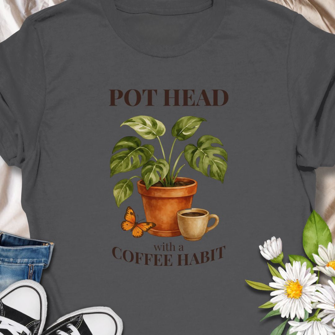  Funny houseplant and coffee themed teem, with the cheeky line  'Pot Head with a Coffee Habit' design for plant lovers and caffeine fans.