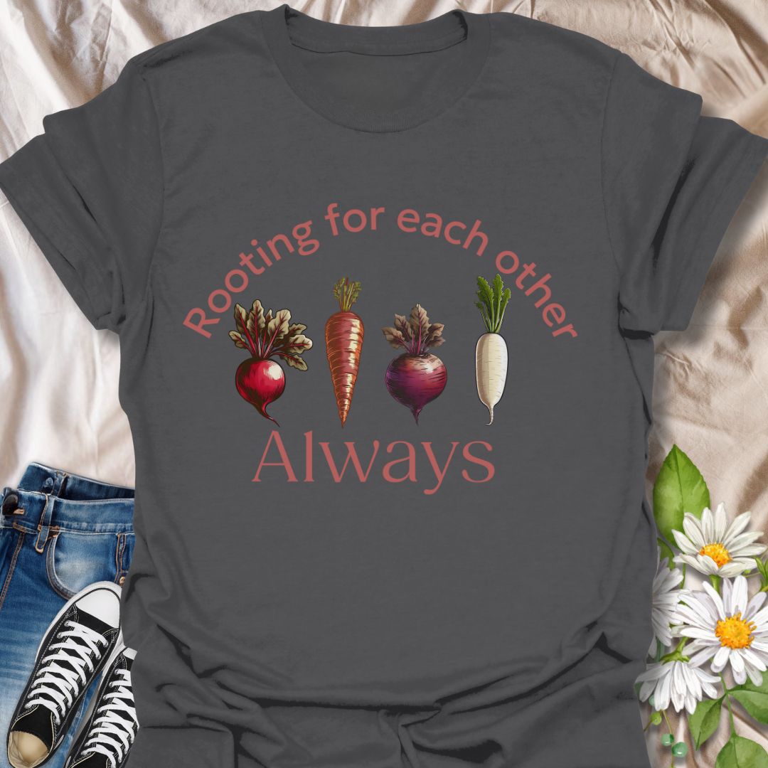 Playful vegetable pun t-shirt featuring carrots, beets, turnips, and radishes with the phrase ‘Rooting for each other always.’ A perfect gift for gardeners, veggie lovers, plant moms, and anyone who loves wholesome humor and plant-based designs