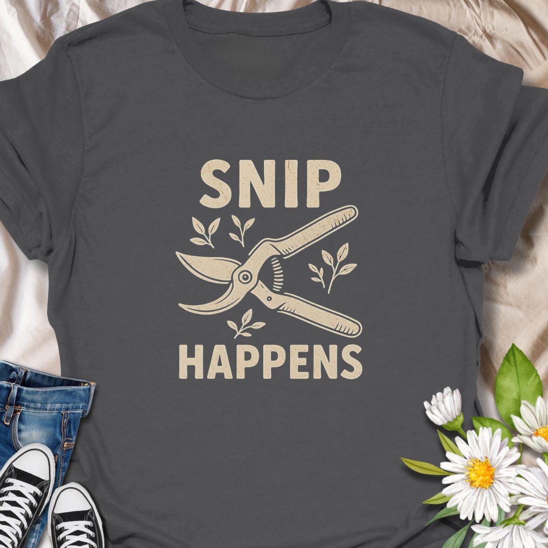 Add humor to your garden gear with this funny "Snip Happens" gardening t-shirt. Featuring classic pruners and a cheeky pun, it's perfect for plant lovers, backyard growers, and anyone who appreciates a good garden joke. Great gift for horticulturists, florists, and green thumbs who love a laugh.