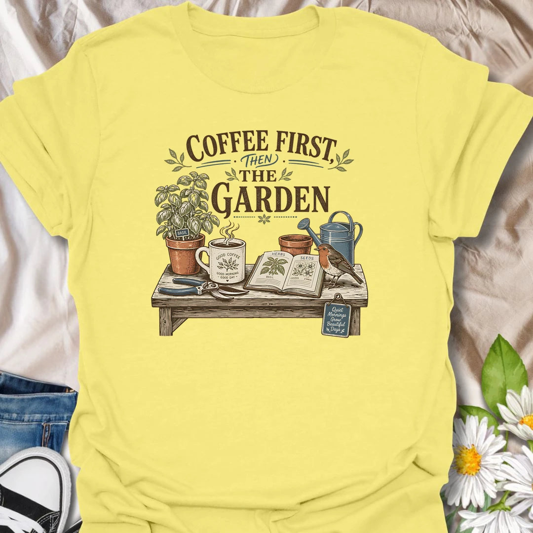 Coffee and gardening t-shirt for plant lovers who start the day with a mug, herbs, seeds, and quiet garden plans.