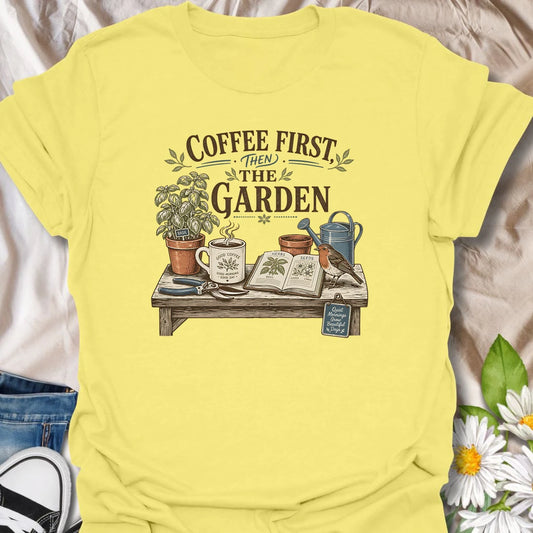 Coffee and gardening t-shirt for plant lovers who start the day with a mug, herbs, seeds, and quiet garden plans.