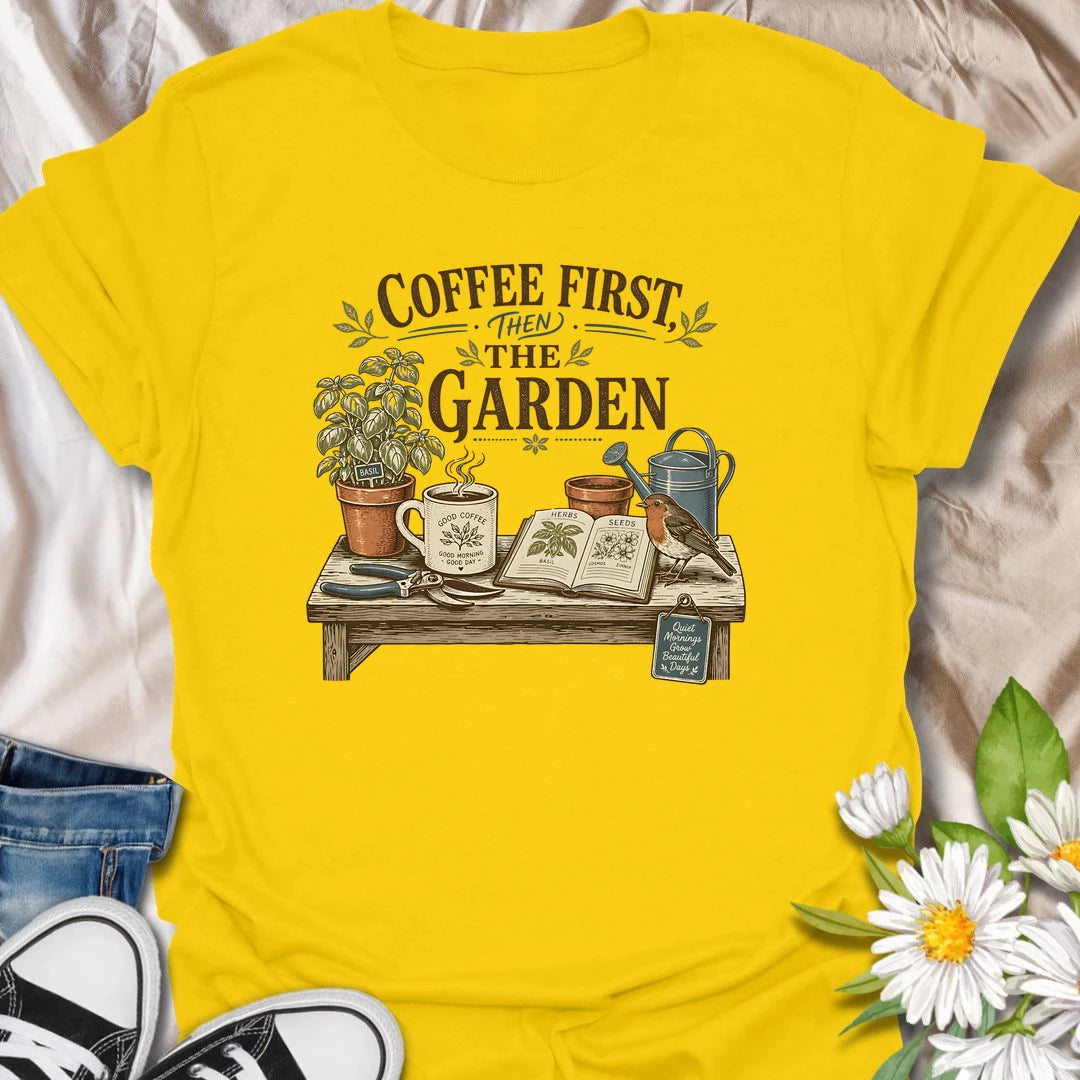 Coffee and gardening t-shirt for plant lovers who start the day with a mug, herbs, seeds, and quiet garden plans.