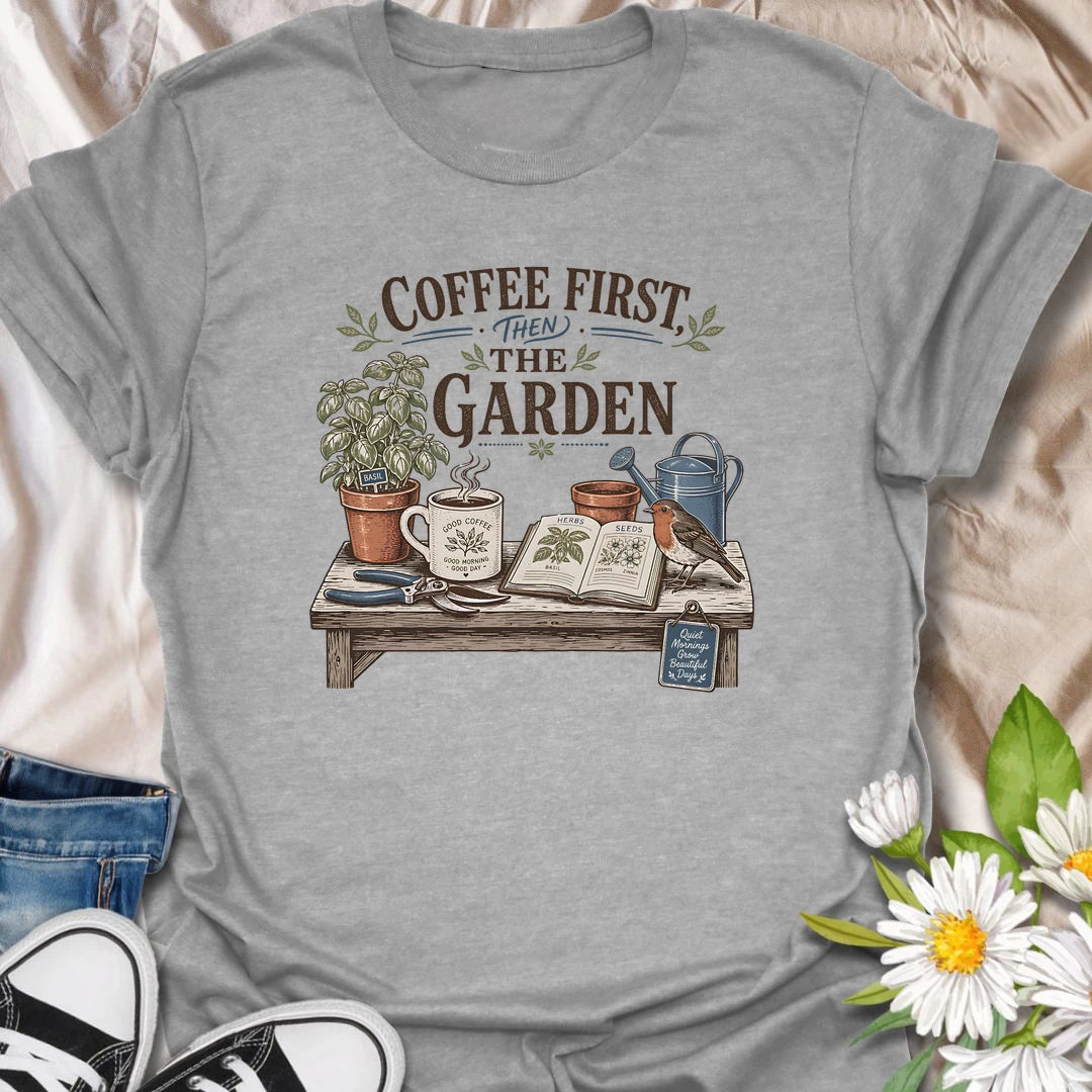 Coffee and gardening t-shirt for plant lovers who start the day with a mug, herbs, seeds, and quiet garden plans.