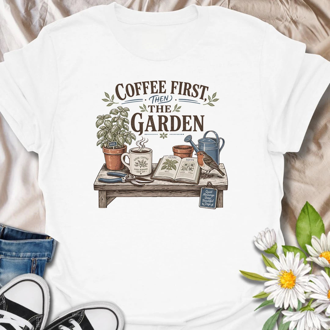 Coffee and gardening t-shirt for plant lovers who start the day with a mug, herbs, seeds, and quiet garden plans.