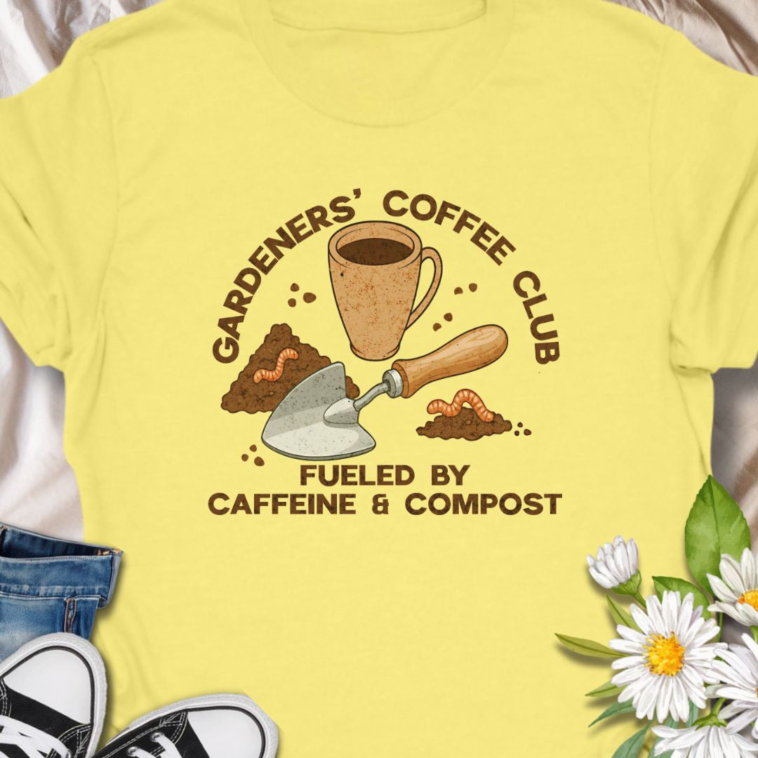 Join the unofficial club for caffeine-fueled gardeners with this fun and earthy "Gardeners' Coffee Club" t-shirt. Perfect for green thumbs who love a hot cup and healthy soil, this design is a cozy blend of humor and horticulture.
The t-shirt that speaks to mornings spent with soil on your hands and a warm mug nearby. 