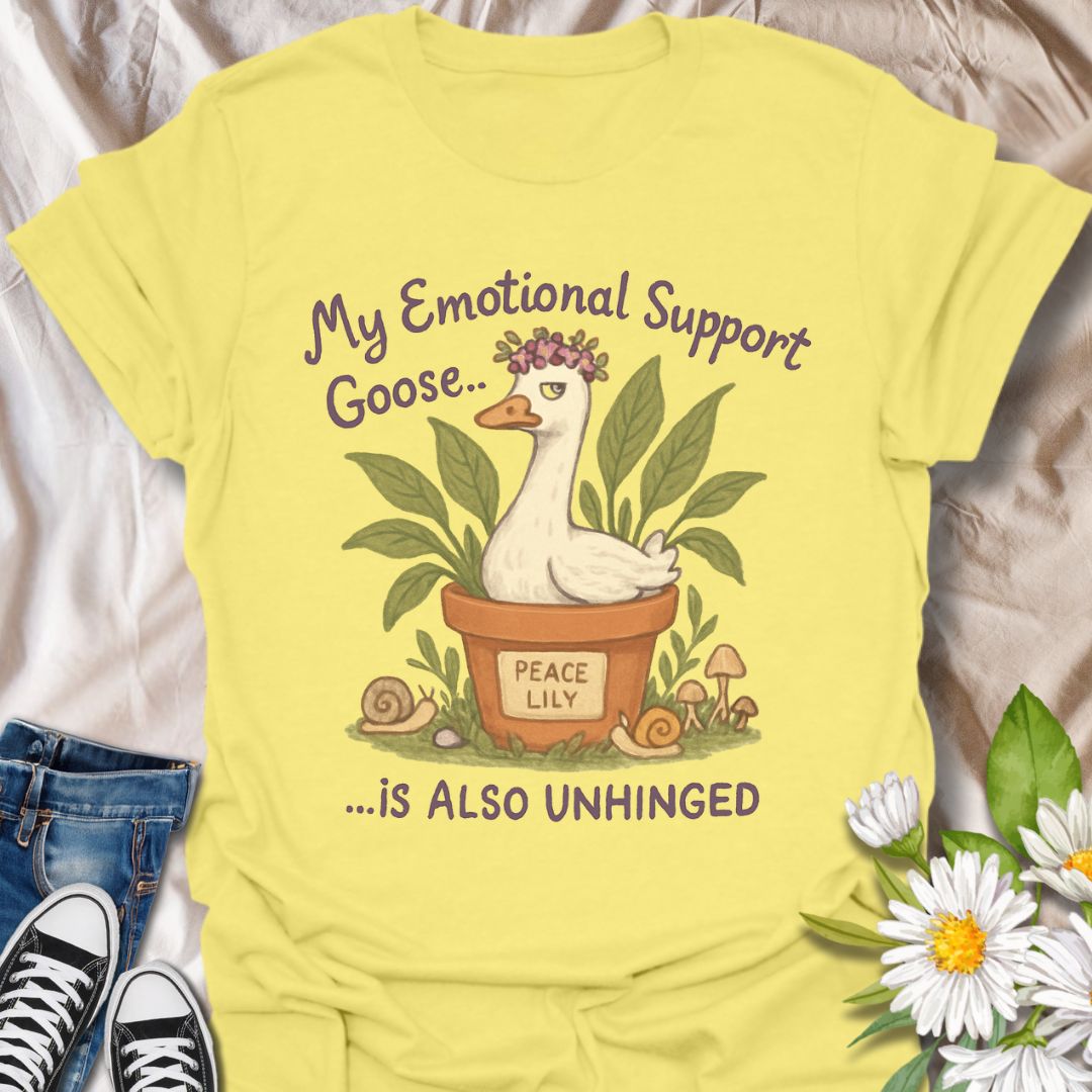Hilarious and quirky t-shirt featuring a peace lily plant pot and an unhinged “emotional support goose.” This fun design is perfect for plant lovers, mental health warriors, and anyone with a wild sense of humor. A unique gift for gardeners and goose enthusiasts alike!