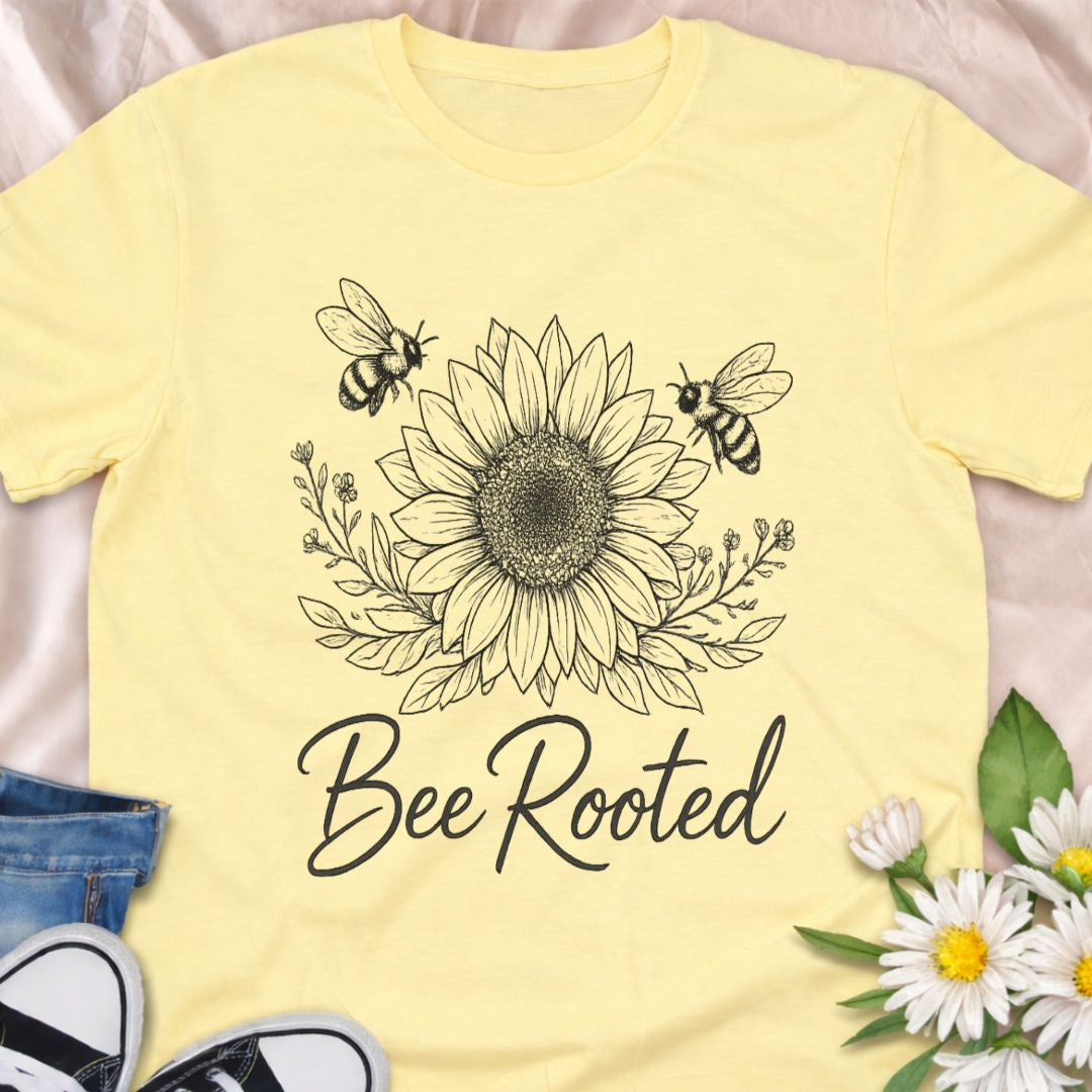 Celebrate slow living and nature connection with this Bee Rooted botanical t-shirt. Featuring a detailed sunflower illustration with bees, this nature-inspired tee is perfect for gardeners, pollinator lovers, and eco-minded souls who believe in staying grounded and growing with purpose.