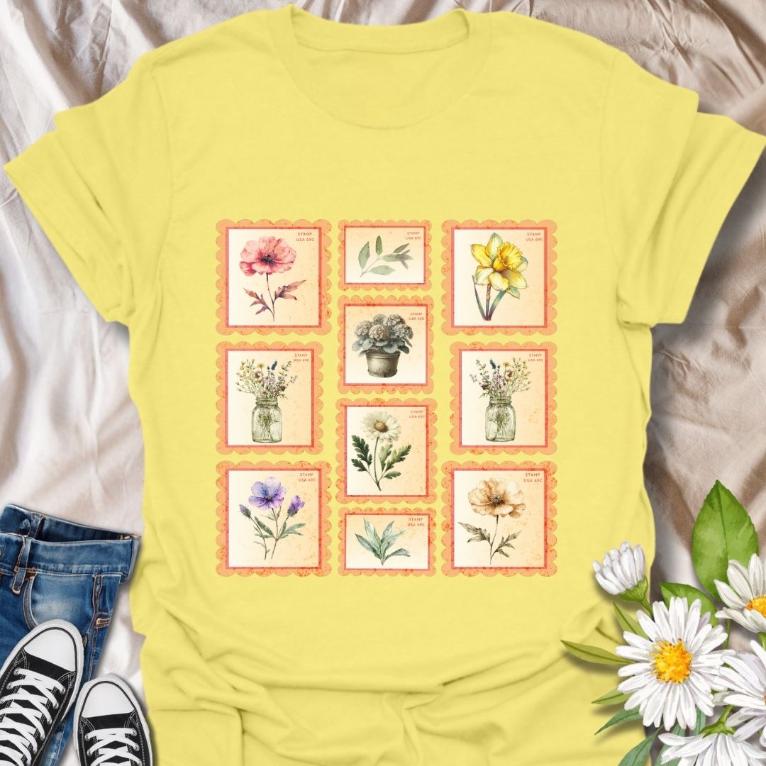Vintage floral postage stamp t-shirt featuring watercolor botanical prints framed like charming retro stamps. Perfect for flower lovers, gardeners, cottagecore fans, and nature-inspired fashion. Ideal gift for plant moms, wildflower enthusiasts, and those who adore vintage aesthetics