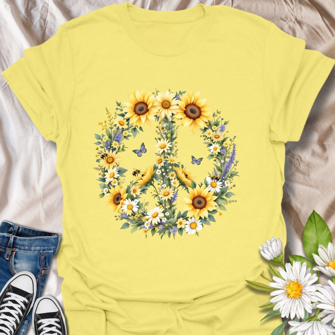 Beautiful peace sign made from bright sunflowers, daisies, and wildflowers with bees and butterflies. Ideal boho t-shirt for nature lovers, gardeners, and flower enthusiasts. Cornsilk