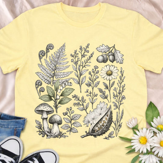 Step into the forest with this woodland botanical t-shirt featuring detailed ferns, mushrooms, acorns, seed pods and wildflowers on a dark background. A dreamy nature-lover tee, perfect for cottagecore fans, foragers and plant lovers who adore moody, vintage-style botanical art.