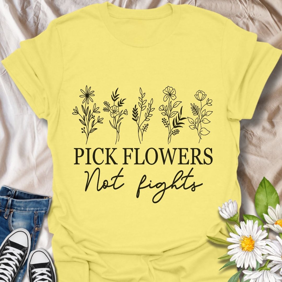 Promote peace and positivity with this “Pick Flowers Not Fights” botanical t-shirt. Featuring minimalist hand-drawn floral illustrations, it’s perfect for garden lovers, plant moms, and kindness advocates.
