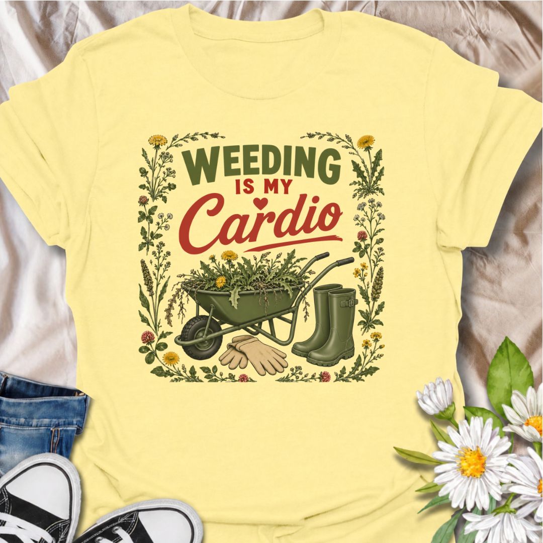Trade the treadmill for the flower beds with this “Weeding Is My Cardio” T-shirt. Featuring a wheelbarrow full of weeds, gardening gloves, and muddy green boots, it is made for gardeners who get their exercise outdoors. A fun gift for vegetable growers, flower gardeners, and backyard garden enthusiasts.