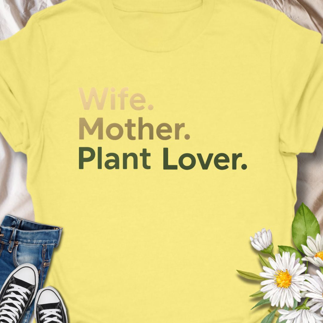 Celebrate love, family, and greenery with this bold, minimalist ‘Wife. Mother. Plant Lover’ shirt – perfect for stylish plant moms.