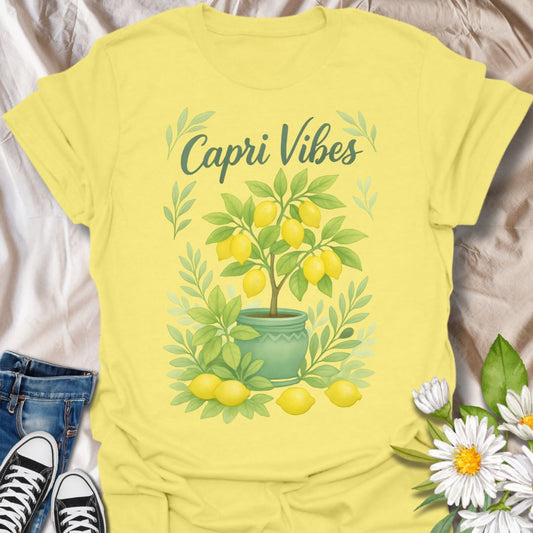 Bring a splash of Mediterranean sunshine to your wardrobe with this charming "Capri Vibes" lemon-themed graphic tee. Featuring vibrant yellow lemons and blooming flowers, this fresh and cheerful shirt captures the essence of Italian summer style — perfect for travel lovers, garden dreamers, and lemon girl aesthetics.