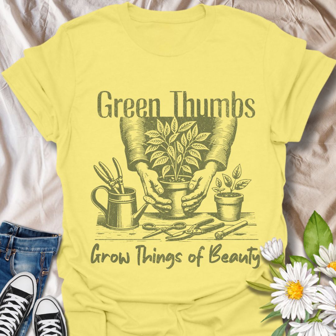 Celebrate the magic of gardening with this “Green Thumbs Grow Things of Beauty” t-shirt. Featuring a rustic hand-drawn design of planting tools and flourishing foliage, it’s the perfect gift for plant lovers and garden gurus alike.