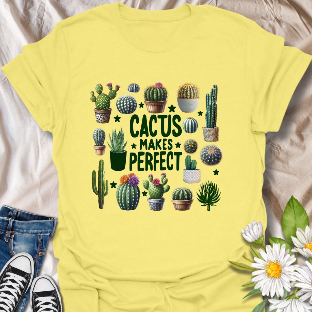 Fun cactus-themed t-shirt with colorful potted succulents and the playful phrase “Cactus Makes Perfect.” Ideal for plant parents, desert garden fans, and lovers of greenery with a sense of humor. Great gift for cactus collectors and gardeners.