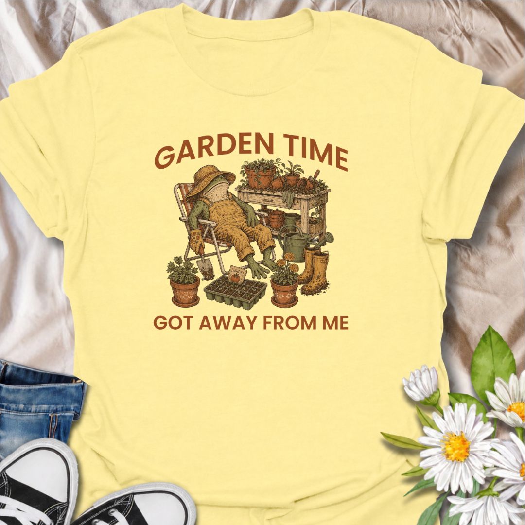 Celebrate losing track of time in the garden with this funny “Garden Time Got Away From Me” T-shirt. Featuring a relaxed frog surrounded by pots, seedlings, gardening tools, and muddy boots, it perfectly captures an afternoon that turned into an all-day garden session. A charming gift for gardeners, plant lovers, and anyone happiest pottering outdoors.