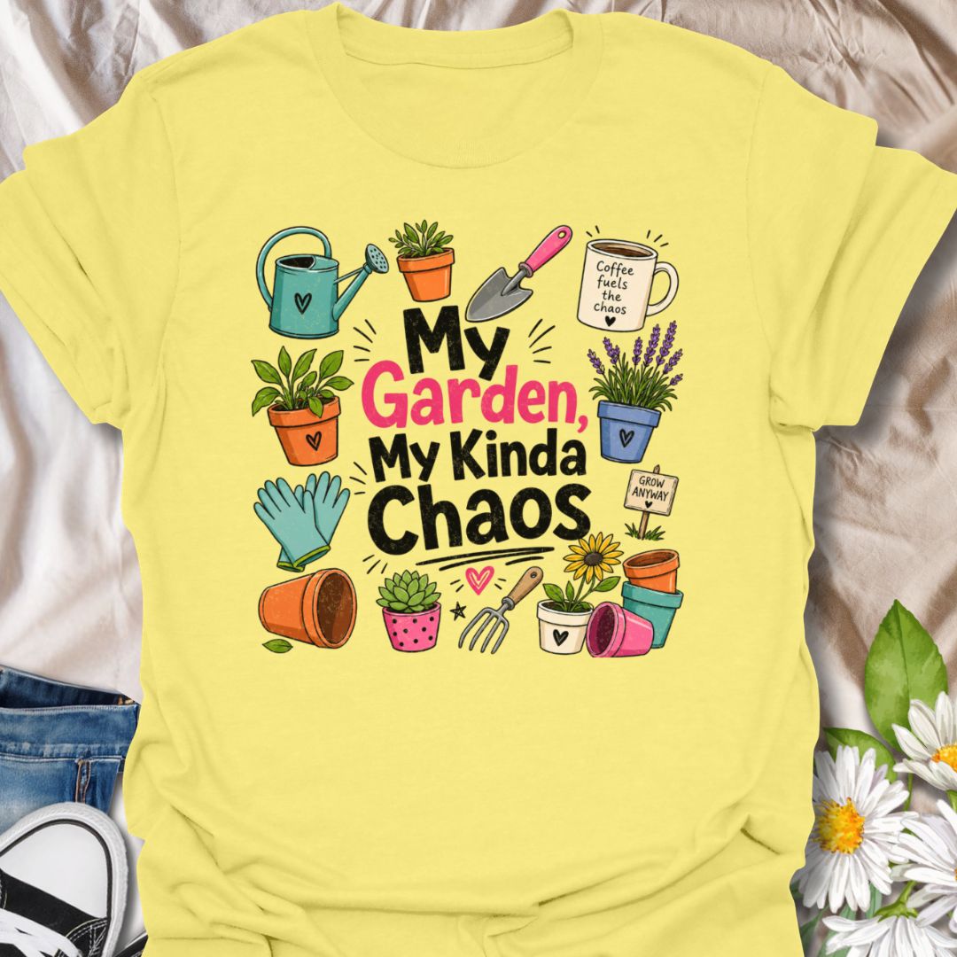 This My Garden My Kinda Chaos t-shirt is made for gardeners who know the best growing spaces are a little messy, colorful, and full of personality. Featuring bold playful typography surrounded by plant pots, a watering can, gloves, garden tools, lavender, coffee, succulents, and cheerful botanical doodles, this design has a fun garden-humor feel for everyday wear. Perfect for gardeners, plant lovers, backyard growers, flower fans, plant moms, and anyone whose happy place is a beautifully chaotic garden.