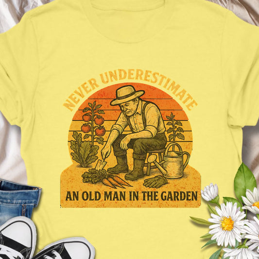 Celebrate gardening wisdom with this “Never Underestimate an Old Man in the Garden” tee featuring a retro-style illustration of a seasoned gardener harvesting his crops. A funny and heart warming shirt for grandpas, dads, or any experienced grower who takes pride in their garden. Makes a thoughtful gift for Father’s Day or retirement.