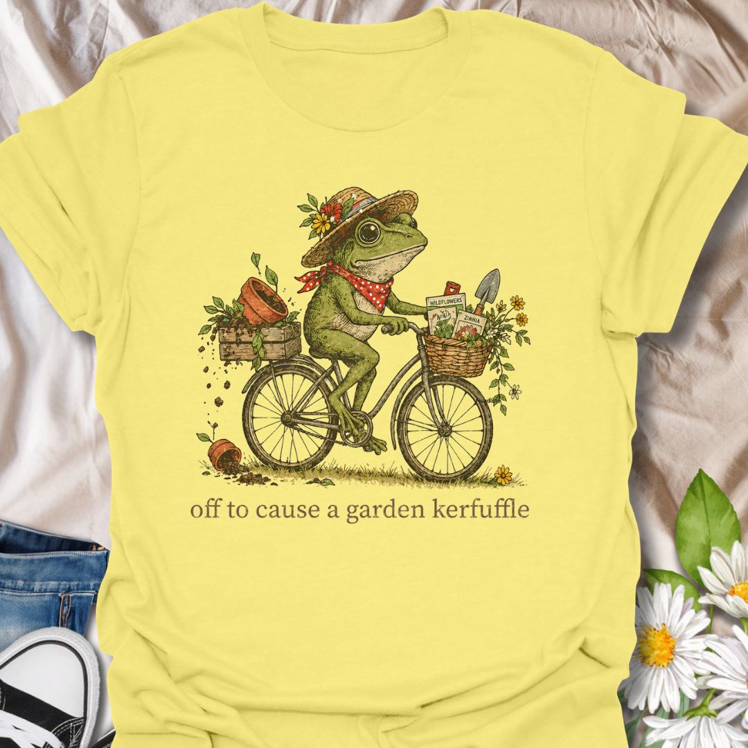 Off to Cause a Garden Kerfuffle Funny Frog Gardening T-Shirt