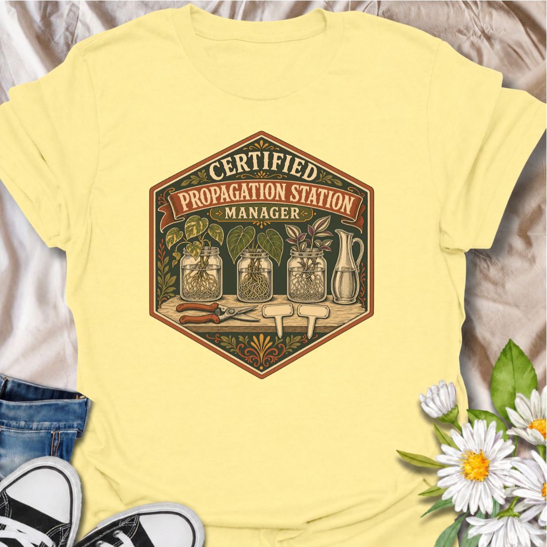Show off your plant-growing expertise with this “Certified Propagation Station Manager” T-shirt. Featuring rooted cuttings in glass jars, plant markers, pruning shears, and a vintage badge-style design, it is perfect for plant lovers who always have a propagation project underway. A fun gift for houseplant collectors, plant moms, and indoor gardeners.