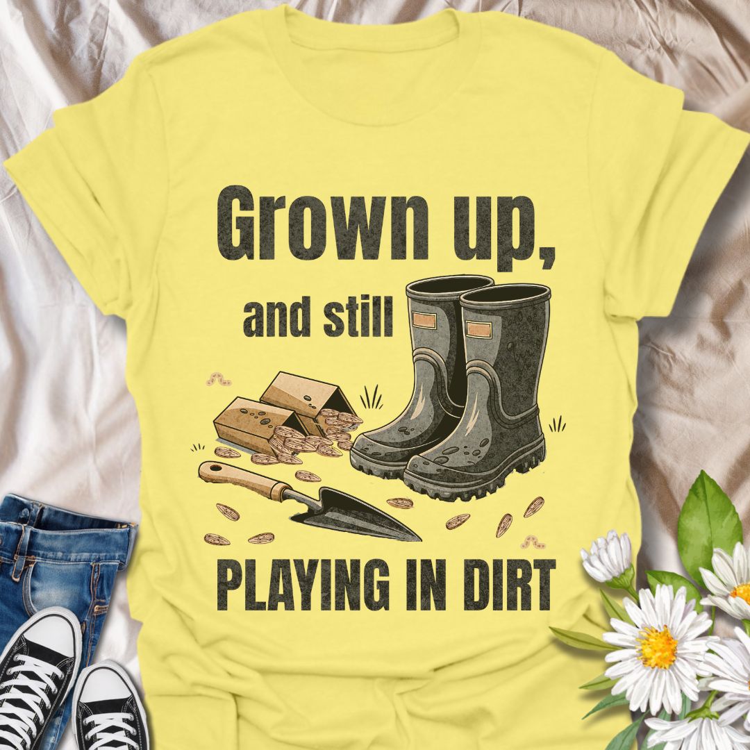 Playfully nostalgic gardening shirt with boots, seeds, and trowel artwork. Ideal for grown-up gardeners who still love getting their hands dirty. A perfect gift for plant lovers with a sense of humor.