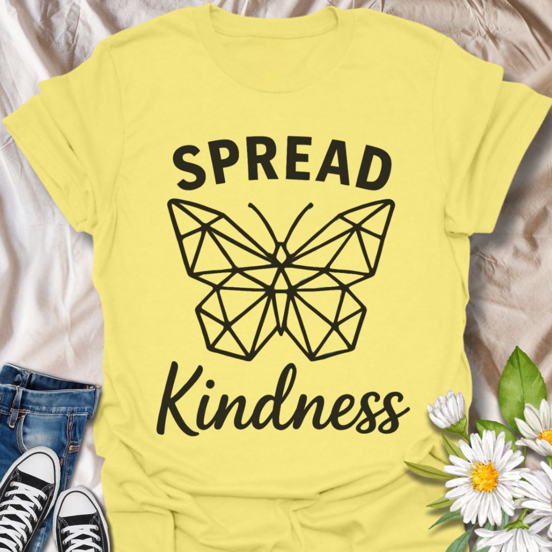 Inspire compassion with this geometric butterfly “Spread Kindness” t-shirt. A modern and meaningful design promoting empathy and good vibes—ideal for mental health advocates, teachers,  kindness warriors and anyone who loves butterflies