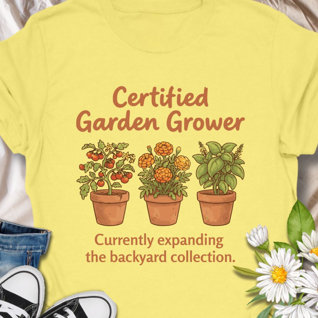 Show off your green thumb with this charming “Certified Garden Grower” t-shirt featuring potted veggies, herbs, and flowers. Perfect for proud backyard gardeners, homesteaders, or anyone always expanding their plant collection. A great gift for plant lovers and veggie growers!