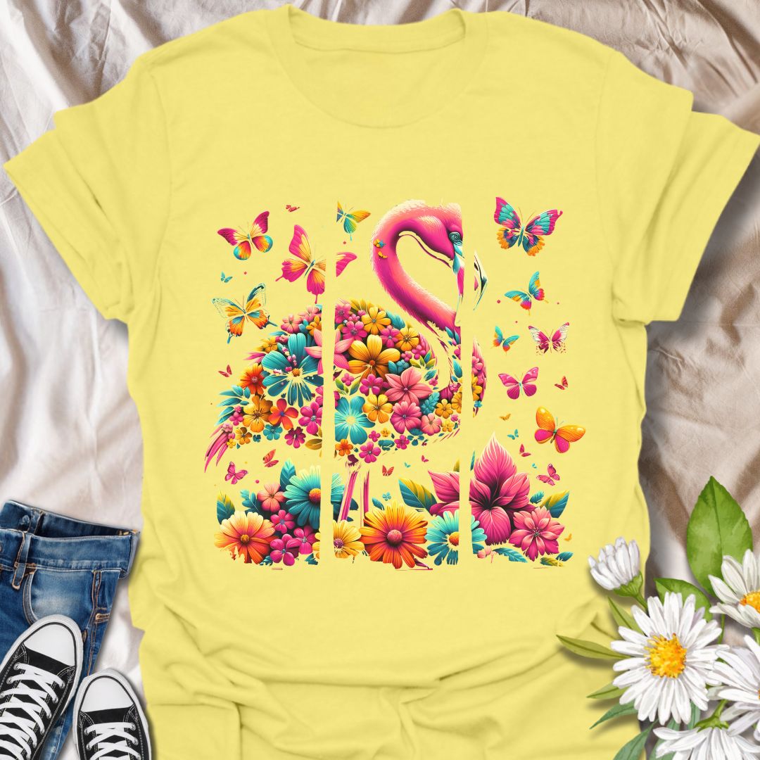 Brighten your wardrobe with this stunning flamingo made entirely of colorful flowers, surrounded by vibrant butterflies. Perfect for nature lovers, summer vibes, or anyone who adores flamingos and cheerful floral designs.