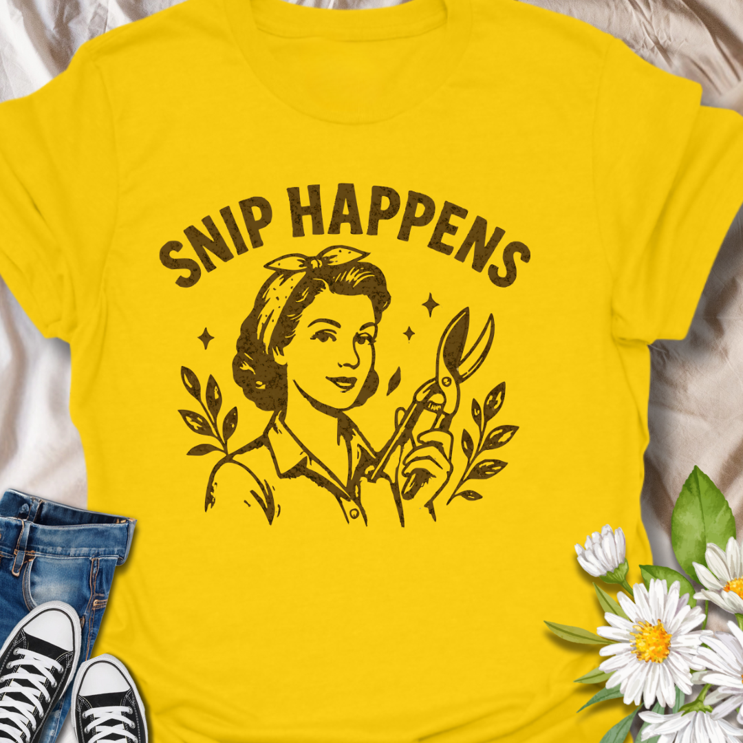 Add a witty twist to your garden gear with this “Snip Happens” t-shirt, featuring a vintage-style gardener wielding pruning shears. Perfect for plant lovers, horticulturists, and anyone with a green thumb and a sense of humor, this bold yellow tee brings style and laughs to the garden or the street. Makes a fun gift for gardening moms, grandmas, or plant parents.