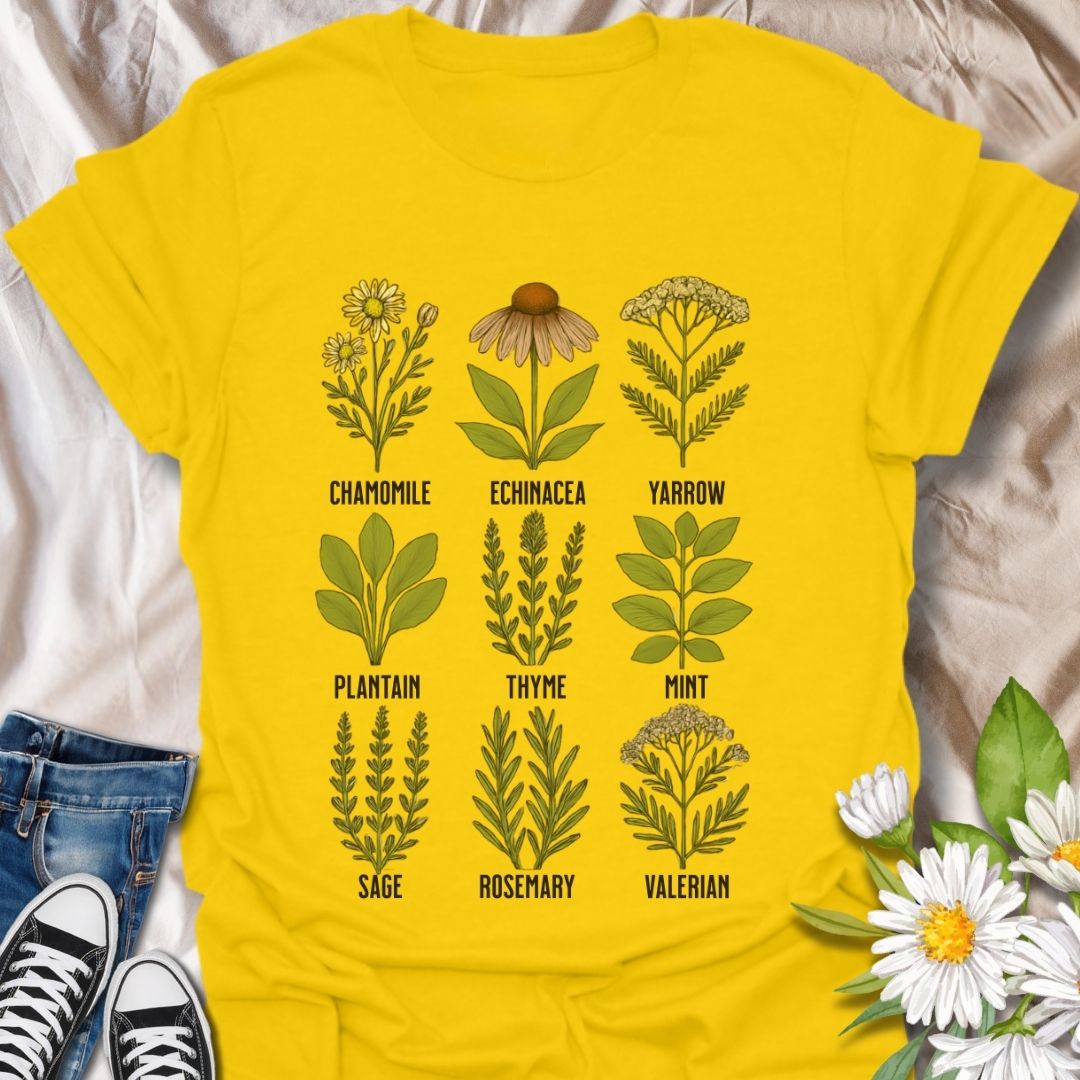 Educational and stylish herbal plants t-shirt featuring hand-drawn illustrations of chamomile, echinacea, yarrow, thyme, mint, rosemary, and more. A perfect gift for gardeners, herbalists, and plant enthusiasts who love natural remedies and botany-inspired fashion.