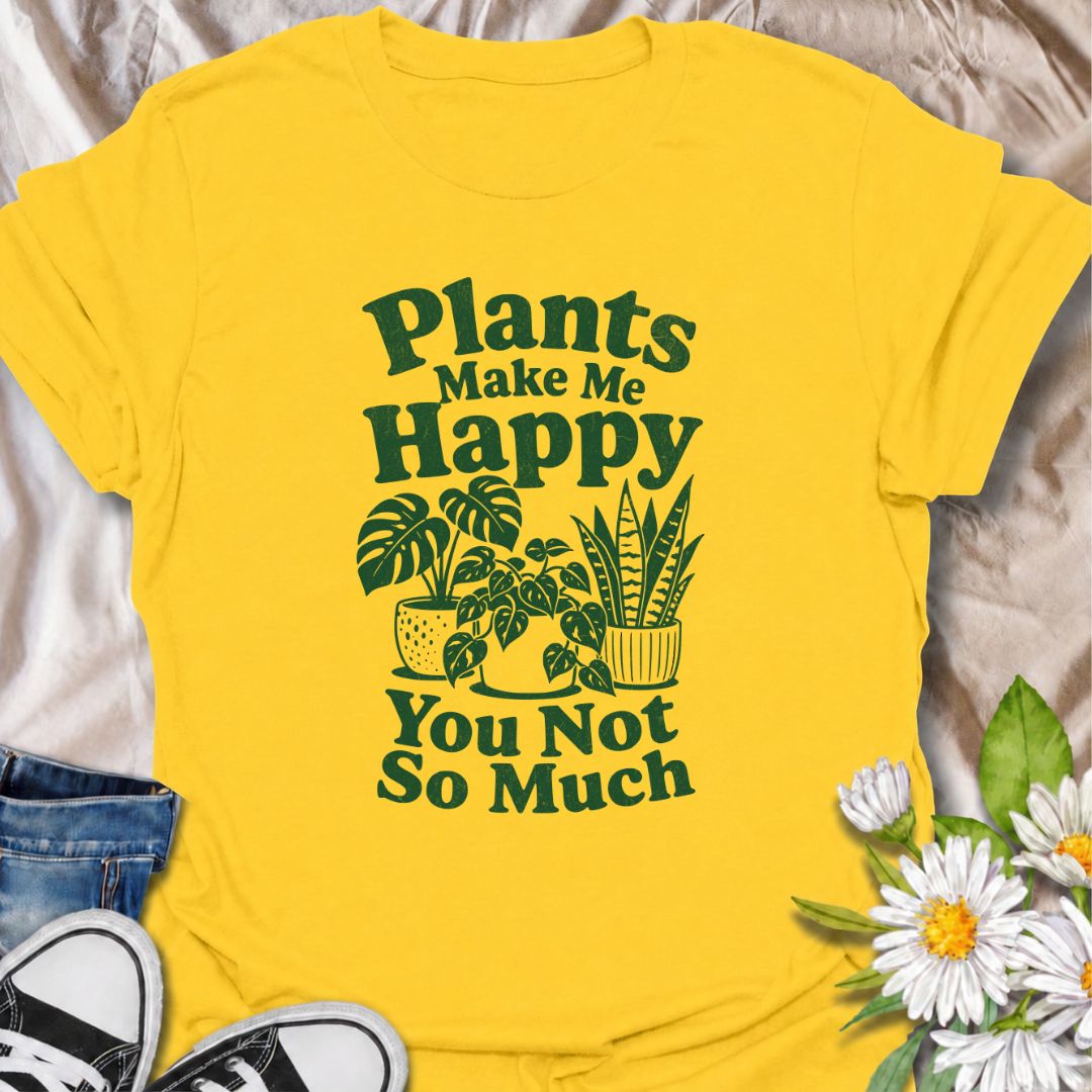 A funny plant T-shirt for anyone who would happily choose houseplants over people. The phrase “Plants Make Me Happy. You Not So Much.” delivers dry, slightly sarcastic humor that plant lovers and indoor gardeners will instantly understand. Featuring simple potted houseplants and bold retro typography, the design stays clean, readable, and easy to wear. It makes a great gift for plant parents, houseplant collectors, and anyone with a growing indoor jungle and a low tolerance for nonsense. Ideal for nursery t