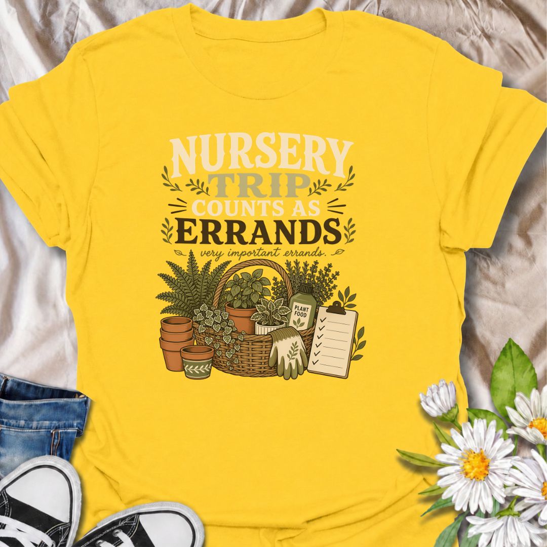 Make every plant-shopping trip feel productive with this “Nursery Trip Counts as Errands” T-shirt. The detailed basket of herbs, pots, garden supplies, and checklist celebrates a gardener’s most important appointments. It is a fun gift for plant lovers who always make time for the nursery.