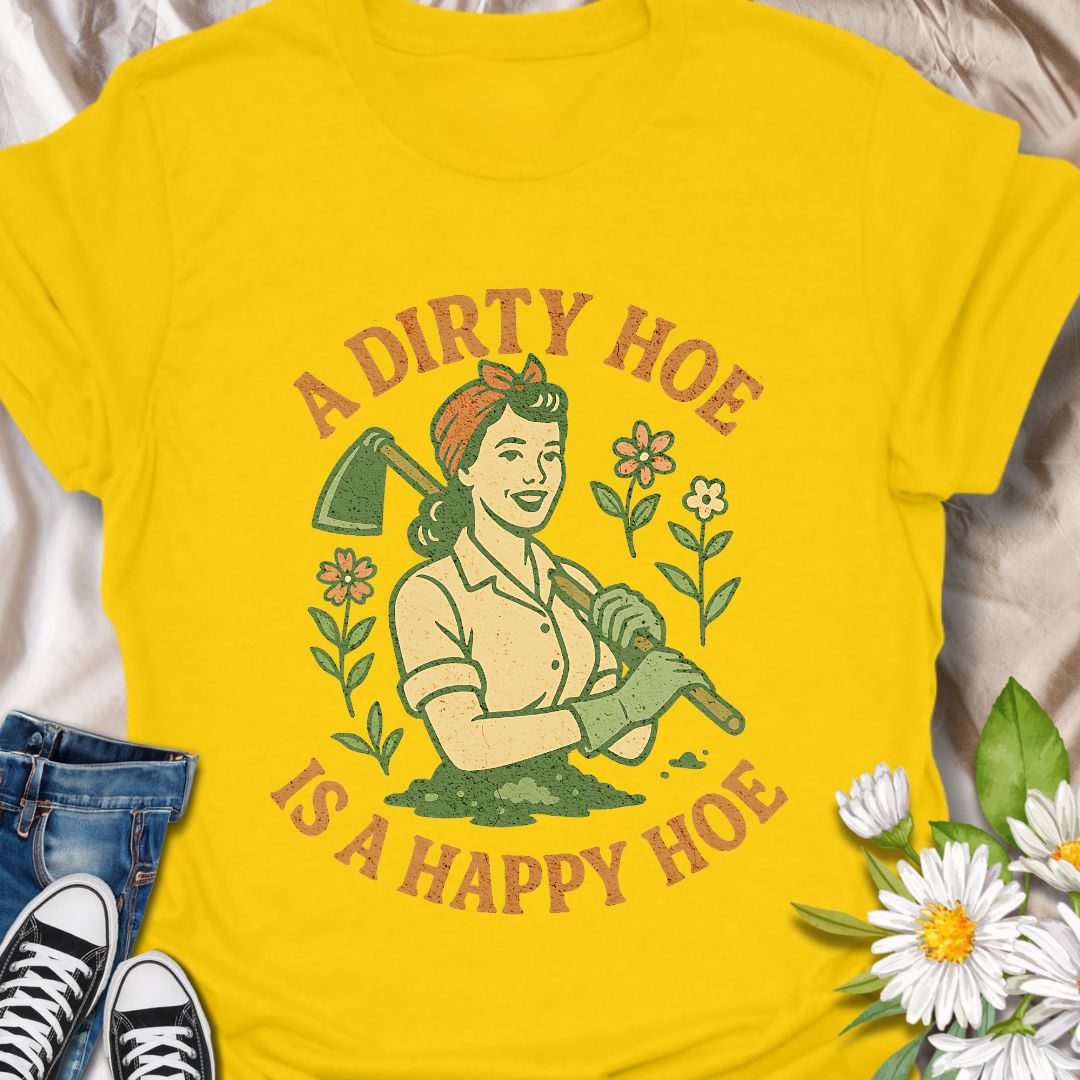 Bring humor to the garden with this cheeky and playful gardening shirt with "A Dirty Hoe is a Happy Hoe. Featuring a retro-style design and a double entendre that plant lovers will appreciate, it's perfect for garden enthusiasts with a sense of humor. Ideal for gifts, birthdays, or just digging in the dirt with style.