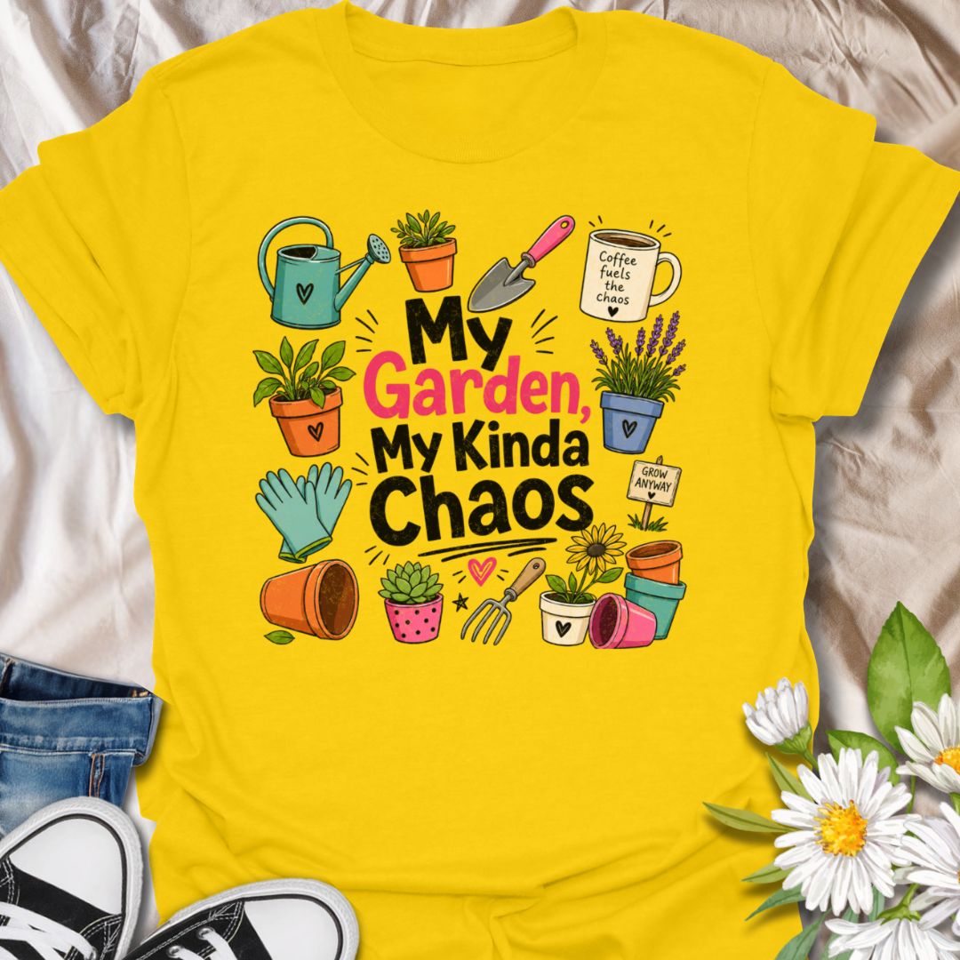 This My Garden My Kinda Chaos t-shirt is made for gardeners who know the best growing spaces are a little messy, colorful, and full of personality. Featuring bold playful typography surrounded by plant pots, a watering can, gloves, garden tools, lavender, coffee, succulents, and cheerful botanical doodles, this design has a fun garden-humor feel for everyday wear. Perfect for gardeners, plant lovers, backyard growers, flower fans, plant moms, and anyone whose happy place is a beautifully chaotic garden.