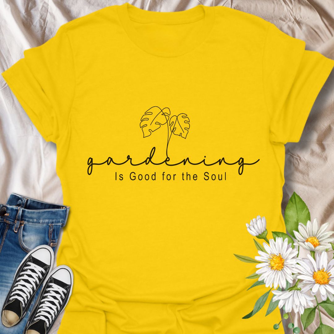 Simple and stylish gardening t-shirt with elegant line art leaves and the uplifting message 'Gardening is good for the soul.' A perfect gift for plant moms, garden lovers, and self-care advocates. Neutral tones and minimalist aesthetic for easy everyday wear or weekend plant therapy.