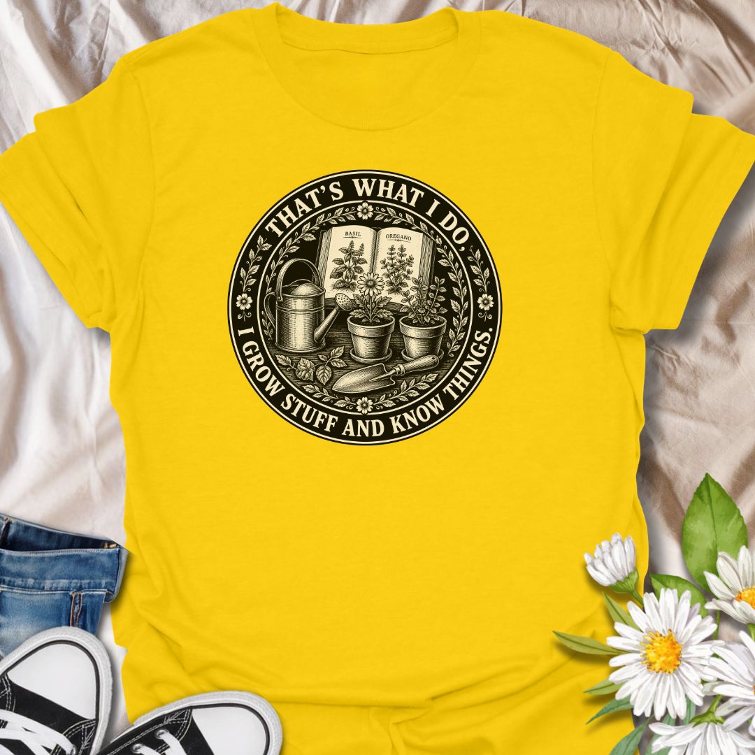 Funny gardening t-shirt with a vintage botanical badge design, perfect for plant lovers, herb gardeners, and anyone who grows stuff and knows things.