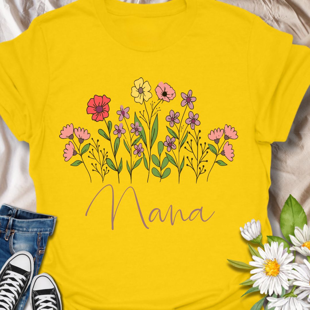 Celebrate a special Nana with this beautiful floral design tee. Perfect for grandmothers who love flowers, gardening, and thoughtful gifts. A heartwarming and nature-inspired gift idea for birthdays, Mother's Day, or just because.