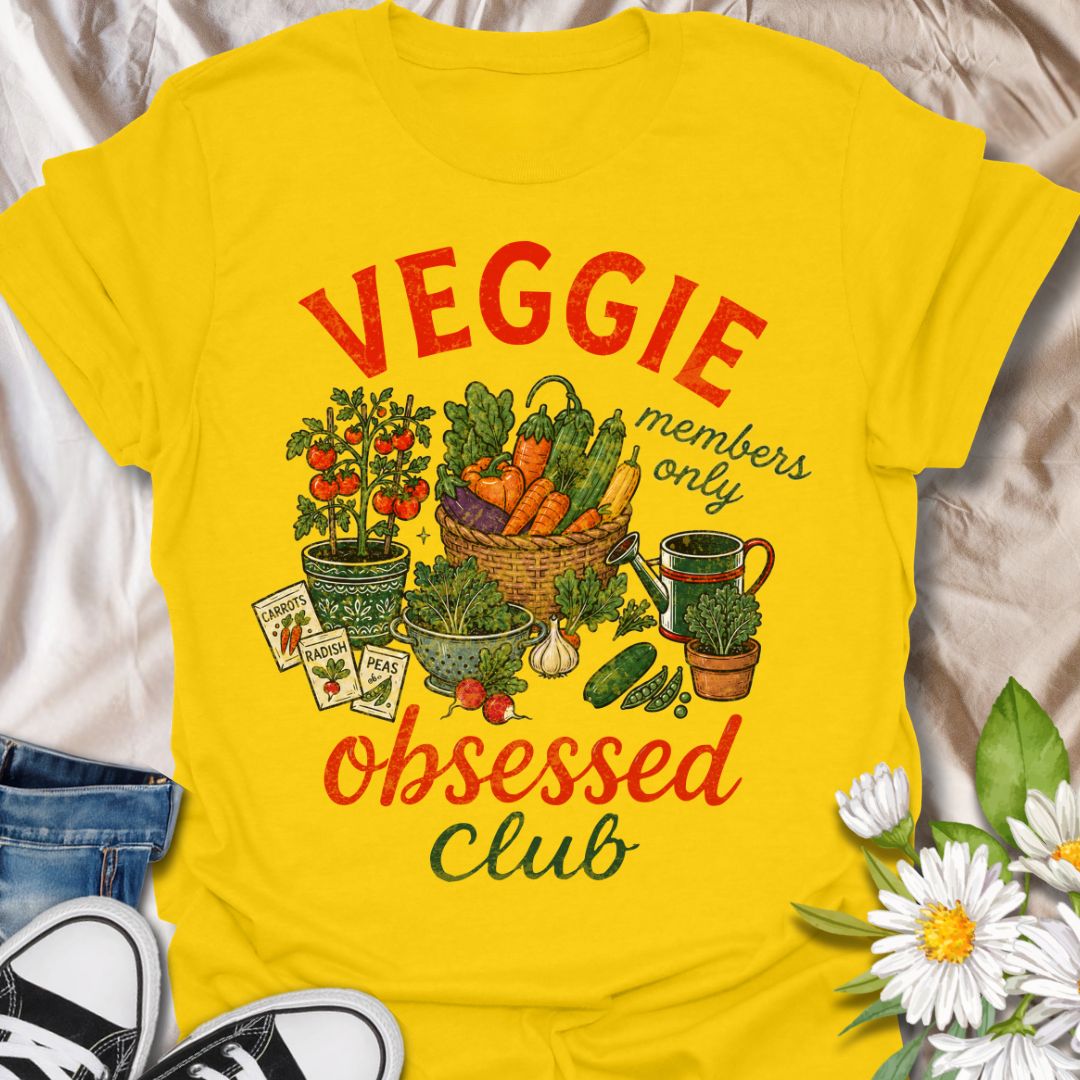 This Veggie Obsessed Club t-shirt is perfect for gardeners, vegetable lovers, and homegrown food fans. Featuring a colorful illustrated harvest scene with tomatoes, carrots, cucumbers, seed packets, and a watering can, this fun gardening tee is great for anyone who loves growing their own food and spending time in the garden.