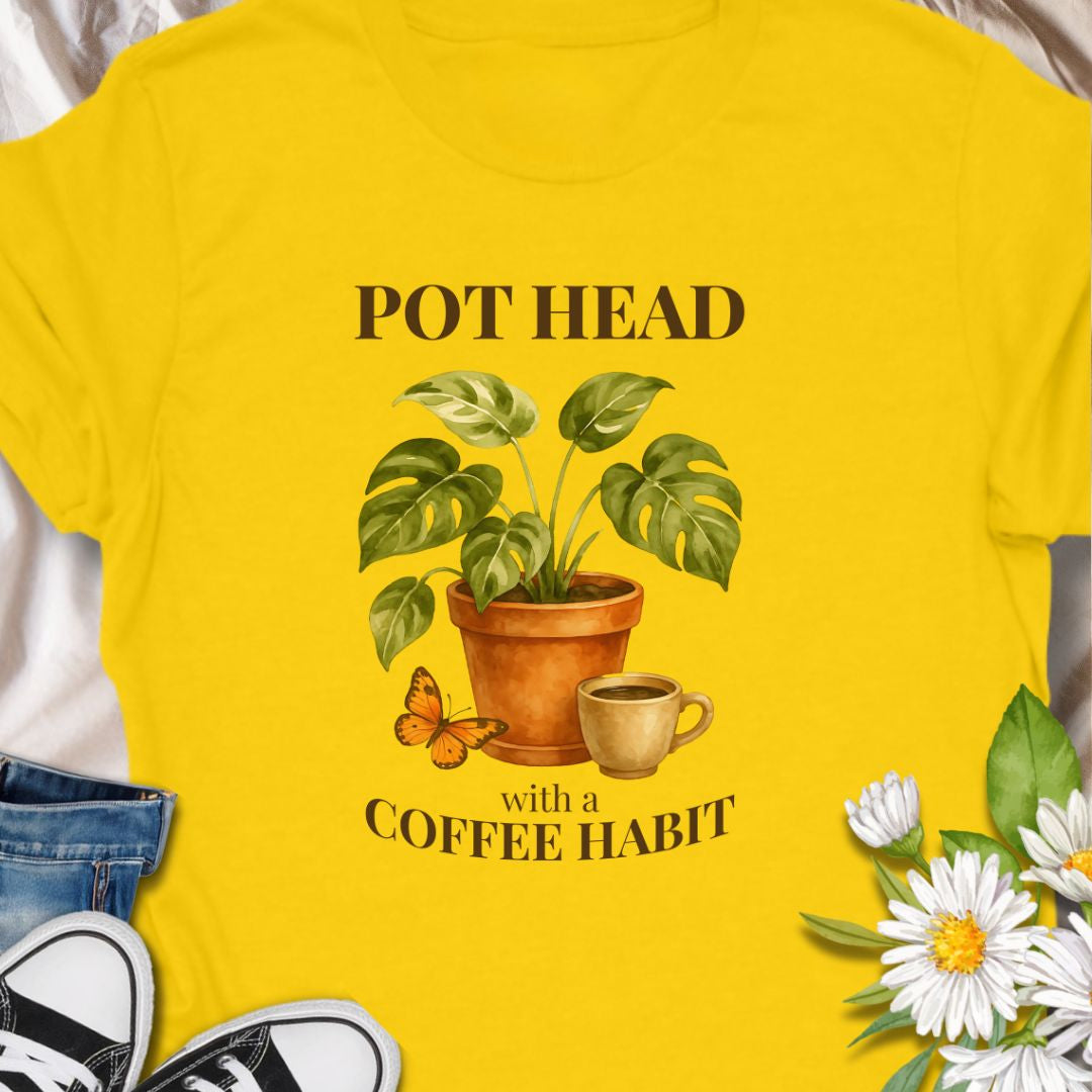  Funny houseplant and coffee themed teem, with the cheeky line  'Pot Head with a Coffee Habit' design for plant lovers and caffeine fans.