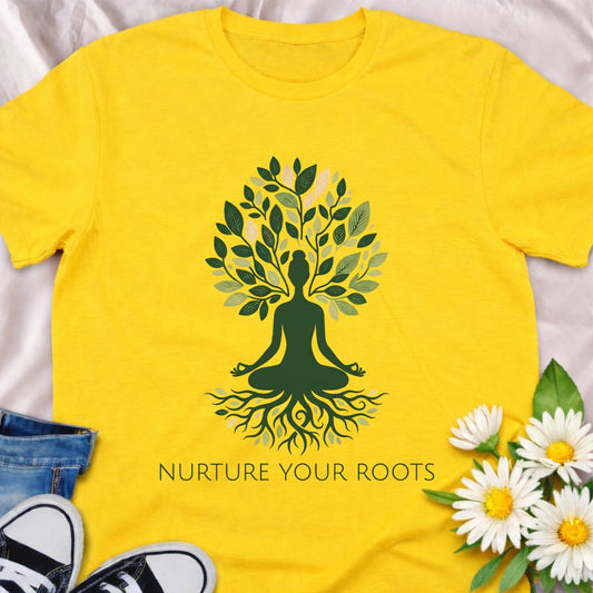 A calming botanical t-shirt featuring a tree of life illustration and the phrase “Nurture Your Roots.” A meaningful nature-inspired tee for plant lovers, gardeners, and anyone drawn to mindfulness, growth, and grounding through nature.