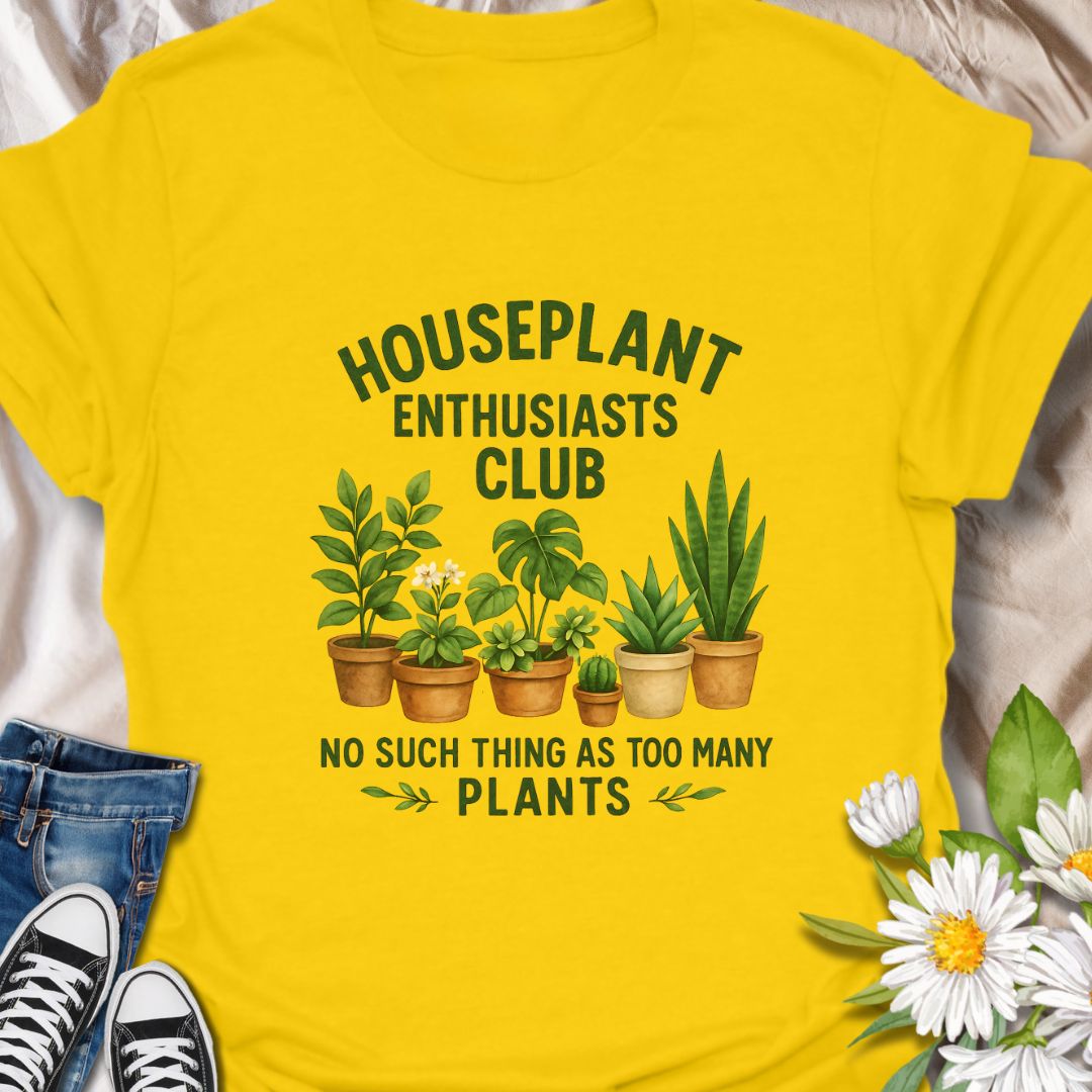 Join the green-thumbed crew with this fun and quirky “Houseplant Enthusiasts Club” shirt. Featuring a lineup of adorable potted plants, this tee is perfect for indoor plant lovers who believe there’s no such thing as too many plants. A must-have for houseplant collectors, plant moms, and foliage fanatics.