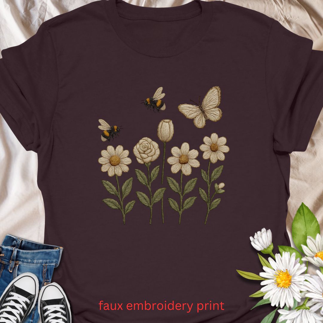 Celebrate the beauty of pollinators with this faux embroidery t-shirt featuring delicately stitched-look bees, a butterfly, and blooming white flowers. The design adds a charming, nature-inspired touch to your wardrobe—perfect for garden lovers, embroidery art fans, and anyone who appreciates floral elegance with a vintage twist.