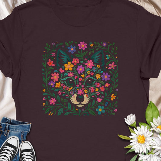 This t-shirt carries a quiet joy: a racoon hiding in leafy vines and bright wildflowers blooms across the chest. The illustration feels handcrafted — playful, a little mysterious — and wears like a small, wearable story about wandering woods and found color. This vibrant floral racoon design combines nature and wildlife in a bold graphic tee – perfect for nature lovers and forest fantasy fans.