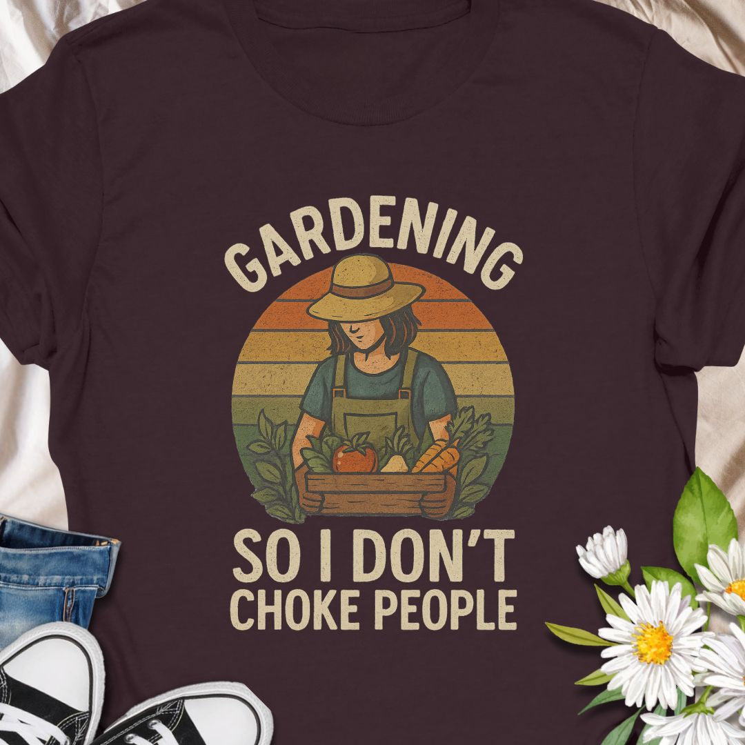 Bring humor to your garden routine with this funny “Gardening So I Don’t Choke People” t-shirt. Perfect for plant lovers with a sense of humor, gardeners who use digging as therapy, or anyone who enjoys a little sarcasm in their soil. Makes a great gift for garden enthusiasts, introverts, or stressed-out plant parents.
