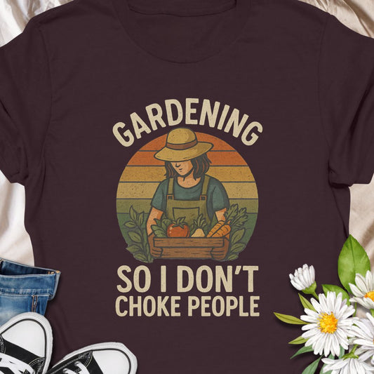Bring humor to your garden routine with this funny “Gardening So I Don’t Choke People” t-shirt. Perfect for plant lovers with a sense of humor, gardeners who use digging as therapy, or anyone who enjoys a little sarcasm in their soil. Makes a great gift for garden enthusiasts, introverts, or stressed-out plant parents.