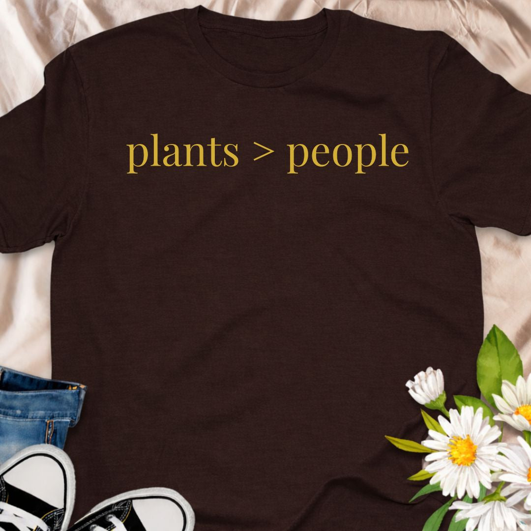 Minimalist “plants > people” t-shirt for plant lovers who’d rather hang with their houseplants than humans. Funny botanical graphic tee, perfect gift for introverts, plant moms, plant dads and gardeners.